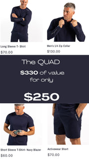 Men's activewear bundle: Long Sleeve T-shirt Men's 1/4 zip collar, Short Sleeve T-Shirt Navy Blazer, Activewear Short
