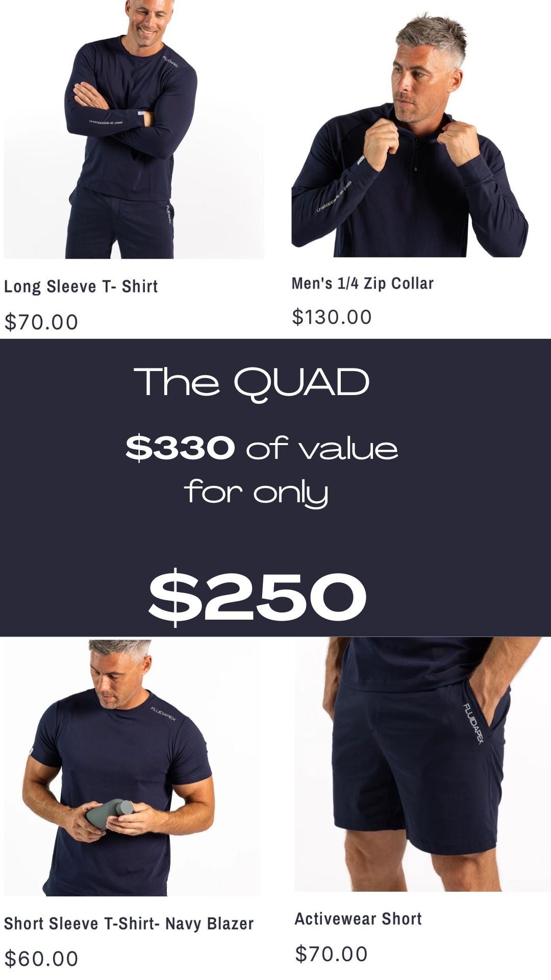 Men's activewear bundle: Long Sleeve T-shirt Men's 1/4 zip collar, Short Sleeve T-Shirt Navy Blazer, Activewear Short